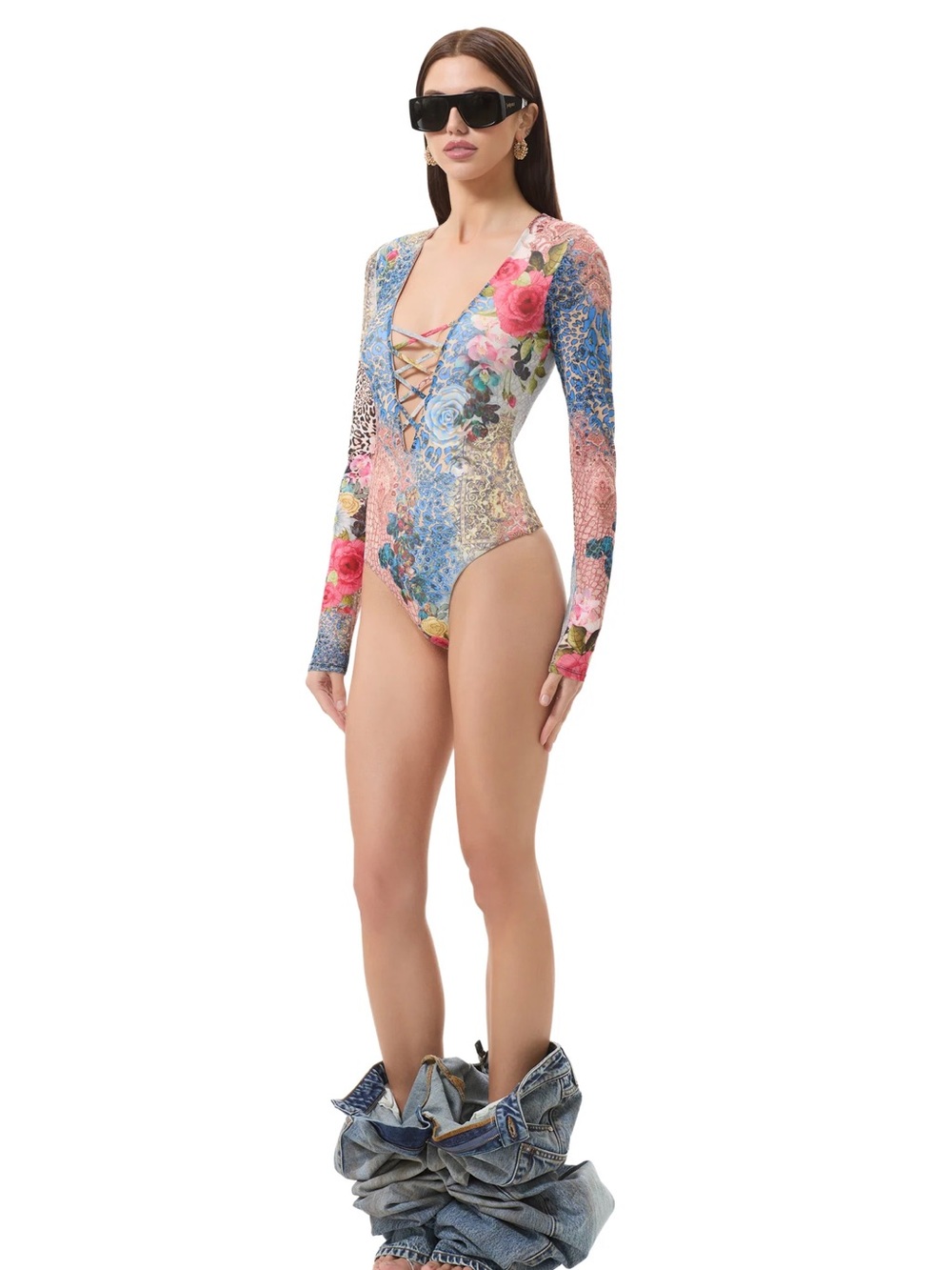 AFRM Multi-Color Floral Lace-Up Long Sleeve Bodysuit